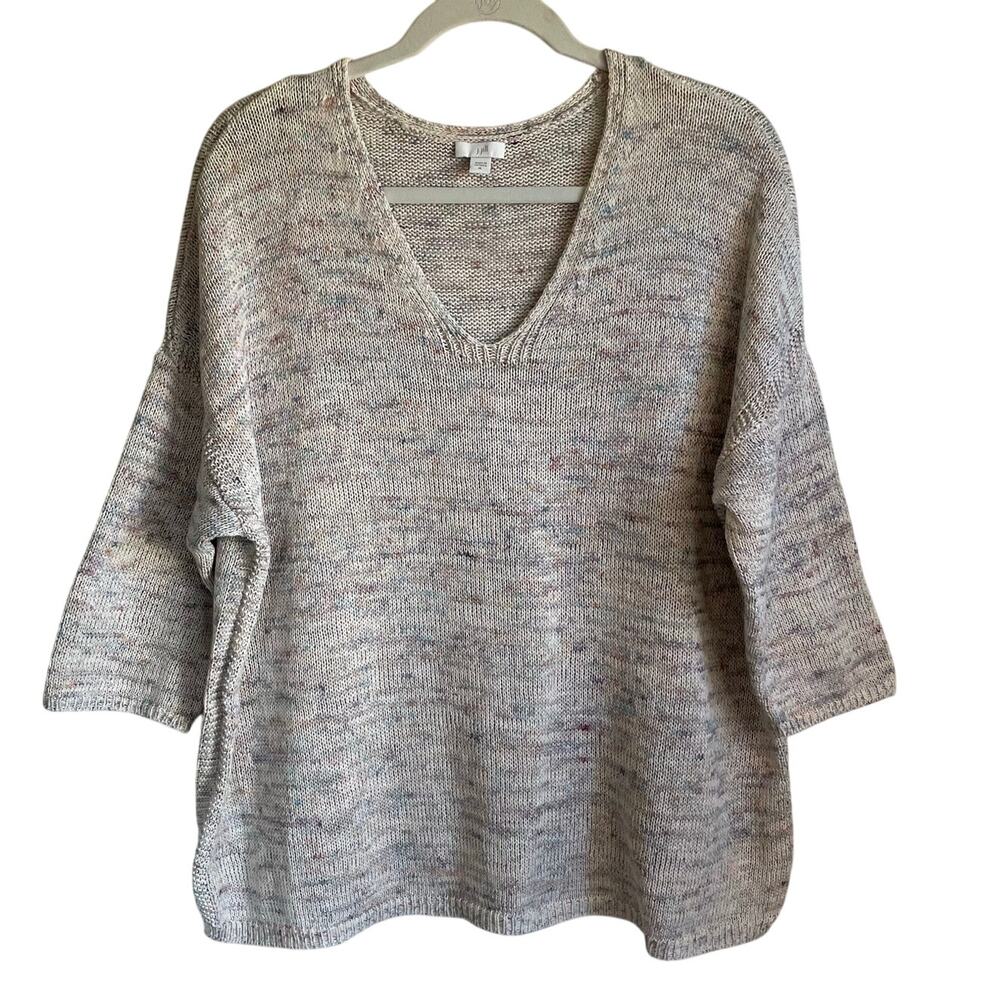 J. Jill Cotton Linen Blend Pullover Sweater Sz XL V-Neck 3/4 Sleeve Marled Knit